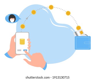 Vector illustration Hands hold cell phone Mobile money transfer Online around the world Financial operations in online banking. People sending money from cell. Financial symbols. Design for web, print