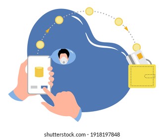 Vector illustration Hands hold cell phone Mobile money transfer Online around the world Financial operations in online banking. People sending money from cell. Financial symbols. Design for web, print