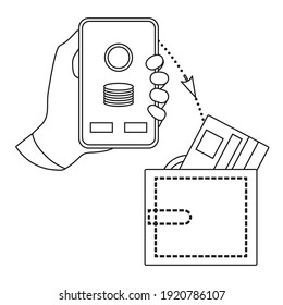 Vector illustration Hands hold cell phone Mobile money transfer Wallet Financial operations in online banking People Deposit Saving money concept Finance Economy Investment Design for print