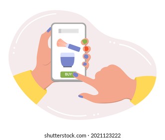 Vektorgrafik-Hände halten Handy. Person macht eine Bestellung und Käufe von Schönheitsprodukten. Bestellen für die Lieferung Online-Shop der Sahne für die Hautpflege. Shopping People kaufen online von zu Hause aus