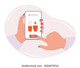 Vektorgrafik-Hände halten Handy. Person macht eine Bestellung und Käufe von Schönheitsprodukten. Bestellungen für die Lieferung online Shop von Kosmetikprodukten. Einkaufen. Leute kaufen online zu Hause ein