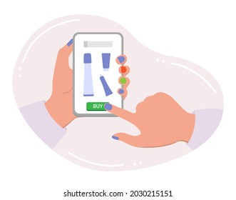 Vector illustration Hands hold cell phone. Person makes an order and purchases of beauty products. Ordering for delivery online store of cream for skin care. Shopping People Shop online from home