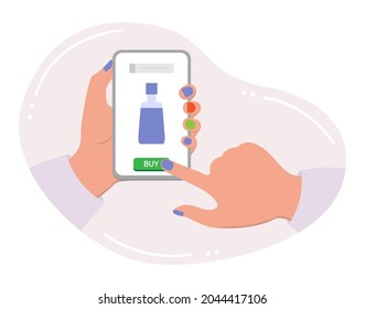 Vector illustration Hands hold cell phone. Person makes order and purchases of beauty products. Ordering for delivery online store perfume, toilet water. Сare Shopping People Shop online from home