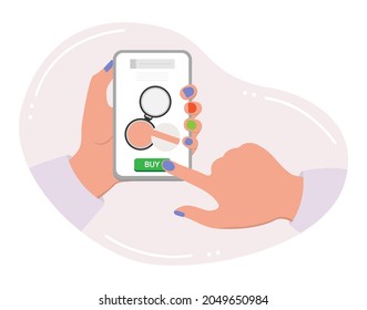 Vector illustration Hands hold cell phone. Person makes an order and purchases of beauty products. Ordering for delivery online store of cosmetics products. Shopping. People Shop online from home