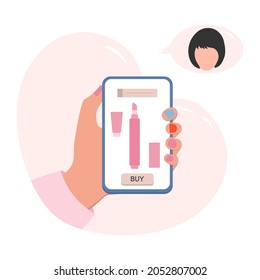 Vector illustration Hands hold cell phone. Person makes an order and purchases of beauty products. Ordering for delivery online store of cosmetics products. Shopping. People Shop online from home