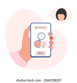 Vector illustration Hands hold cell phone. Person makes an order and purchases of beauty products. Ordering for delivery online store of cosmetics products. Shopping. People Shop online from home