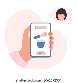 Vector illustration Hands hold cell phone. Person makes an order and purchases of beauty products. Ordering for delivery online store of cream for skin care. Shopping People Shop online from home
