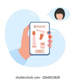 Vector illustration Hands hold cell phone. Person makes an order and purchases of beauty products. Ordering for delivery online store of cream for skin care. Shopping People Shop online from home