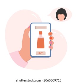 Vector illustration Hands hold cell phone. Person makes order and purchases of beauty products. Ordering for delivery online store perfume, toilet water. Сare Shopping People Shop online from home
