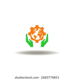 Ilustración vectorial de manos sostiene un engranaje con Earth Planet. Icono de la ecología ESG. Símbolo de la generación de energía verde. Guardar Signo del mundo.
