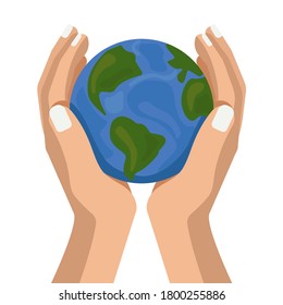 Vector illustration. Hands hold the globe. Ecology of the planet in human hands.