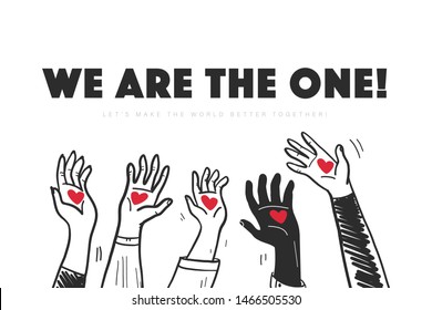 Vector illustration with hands up hold hearts isolated on white background. Hand drawn doodle style. World peace love concept. Good for banner, placard, poster, flayer, advertising design etc.