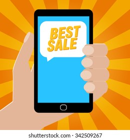Vector illustration Hands Hold Phone with message sale.