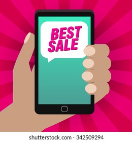 Vector illustration Hands Hold Phone with message sale.