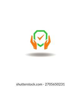 Ilustración vectorial de manos sostener el escudo con marca de verificación. Símbolo de HACCP. Icono de protegido.
