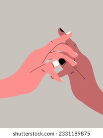 Vector illustration. Hands hold together, hold hands, love, friendship, understanding, relationship, psychology, connection