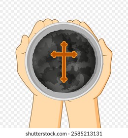 Vector illustration of hands holding Ashes in a bowl with wooden cross on transparent background