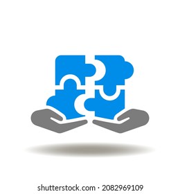 Vector illustration of hands holding and assembling puzzle pieces. Icon of skill gap. Symbol of team work, brainstorming, idea implementation.