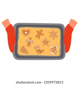 Vector illustration of hands holding a baking tray with Christmas ginger cookies. Delicious homemade cakes isolated on a white background.