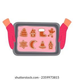 Vector illustration of hands holding a baking tray with Christmas ginger cookies. Delicious homemade cakes isolated on a white background.