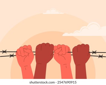 Ilustração vetorial de mãos segurando arame farpado de diferentes lados. Banner para o Dia dos Direitos Humanos em 10 de dezembro. Banner vetorial sobre a libertação da opressão e da discriminação racial.