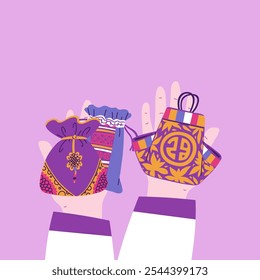 Vector illustration with hands holding beautiful Korean luckybags with images of traditional ornaments. The design reflects the rich traditions of Asian cultures.