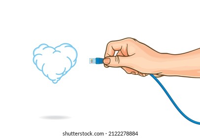 Vector illustration of hands holding brightly blue ethernet network cables,LAN connection cable,plugging ethernet cable to heart shaped cloud floating in the air,on white,Smart to connect of love.