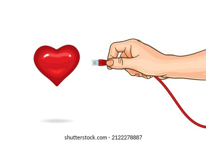 Vector illustration of hands holding brightly red ethernet network cables,LAN connection cable,plugging ethernet cable to red hearts floating in the air,isolated on white,Smart to connect of love.