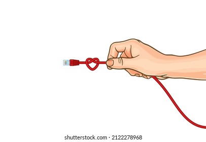 Vector illustration of hands holding brightly red ethernet network cable with heart shaped knot,LAN connection cable,plugging ethernet cable,isolated on white,Smart to connect of love,knotted heart.