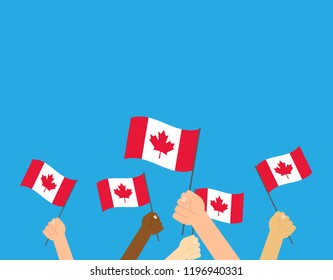 Vector illustration hands holding Canada flags on white background