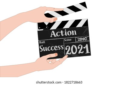 Vector illustration of hands holding clapboard for the starting year 2021 with hope and expectations