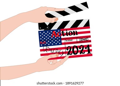 Ilustración vectorial de las manos sosteniendo un tablero con la bandera de Estados Unidos una metáfora sobre los conflictos democráticos con el año de inicio 2021