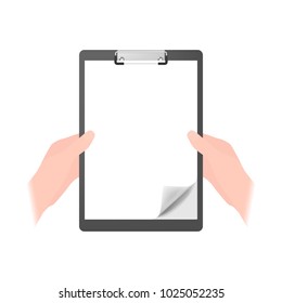 Vector illustration of hands holding a clipboard folder