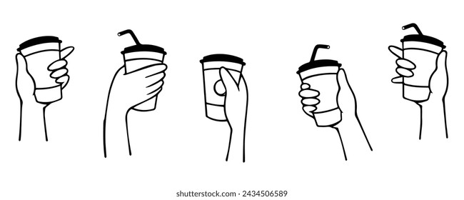 Vector illustration of hands holding coffee cup, to go, take away, outline strokes isolated elements.