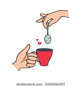 Vector illustration of hands holding a coffee mug with spoon flat color isolated elements.