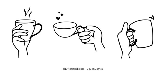 Ilustración vectorial de manos sosteniendo una taza de café, trazos de contorno y elementos aislados.