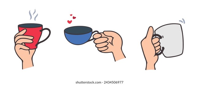 Vector illustration of hands holding a coffee mug, flat color isolated elements.