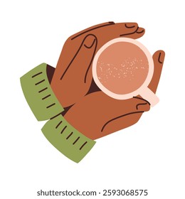 Vector illustration of hands holding coffee cup. Cozy simple composition with warm colors and dark skin tone. Relaxation, comfort, hot drinks and beverages, latte, cappuccino or hot chocolate doodle