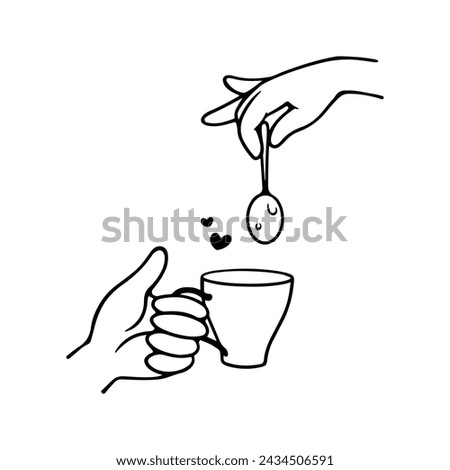 Vector illustration of hands holding a coffee mug with spoon outline strokes isolated elements.