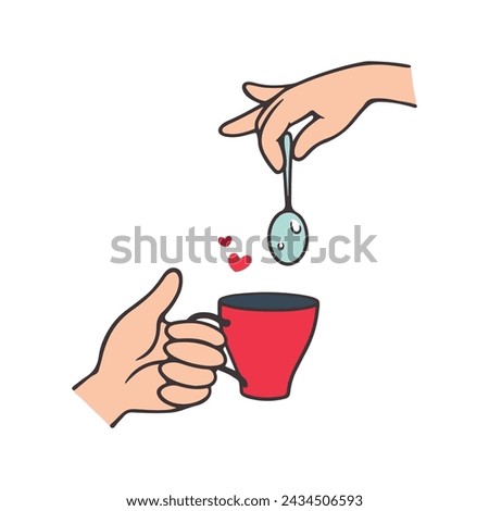 Vector illustration of hands holding a coffee mug with spoon flat color isolated elements.