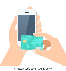 Vector Illustration of  Hands holding credit card and smartphone