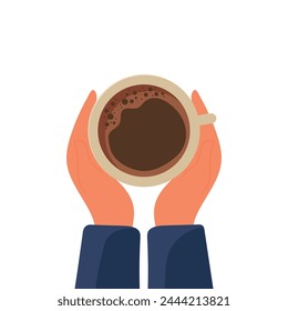 Vector illustration of hands holding a cup of coffee with foam. Top view of a table in a cafe. Warm time of fall. Arabica, hot coffee with foam on white background