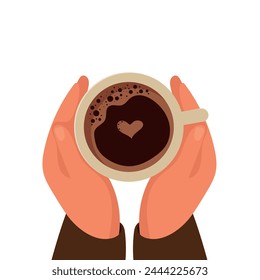 Vector illustration of hands holding a cup of coffee with foam. Top view of a table in a cafe for tea with a heart. Warm time of fall. Arabica, hot coffee with foam on white background