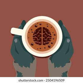 Ilustración vectorial de manos que sostienen la taza de café con espuma. Bebida zombi aterradora. Vista superior de la mesa del café. Tiempo de otoño cálido y aterrador. Café caliente con el dibujo del cerebro humano. Tema de Halloween.