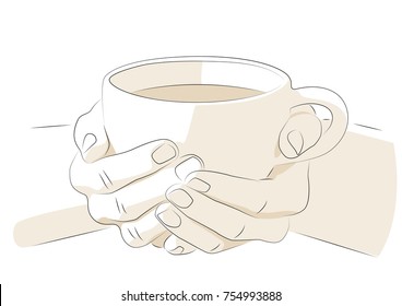 Vector illustration of hands holding cup full of hot drink.