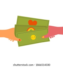 Vector illustration with hands holding cute money banknotes. Concept art of kindness, donations, financial support for businesses and charitable organizations