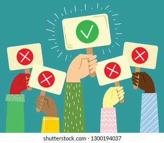 Vector illustration with Hands holding different sign in the modern minimalistic flat design. Yes or No concept design about motivation and doing a right choice