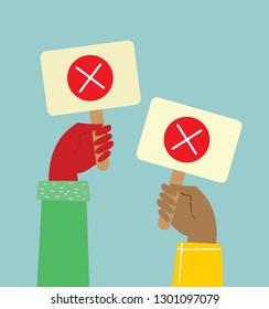 Vector illustration with Hands holding different sign in the modern minimalistic flat design.  No or Stop concept design about motivation and doing a right choice