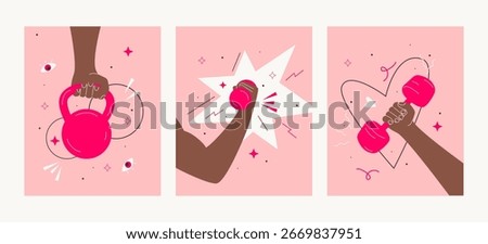 Vector illustration. Hands Holding a Dumbbell Lifestyle Sports Champion Achievements