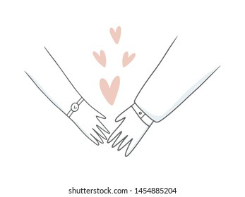 Vector illustration of hands, holding each other. Romantic colorful poster in pastel colors on white background.
